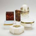 Decorative boxes six include bronze mounted opalescent glass tortoiseshell silver lined cigar box bronze mounted with gold decoration etc 19th20th c tallest 6