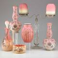 Victorian peach blow glass six items include clark fairy lamp pair of enamel decorated vases ruffle edge bowl etc fairy lamp marked tallest 17