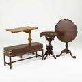 Table group four in mixed woods 19th20th c beidermeier adjustable reading table victorian inlaid oval table birdcage tilttop table and guncase form coffee table with lined interior largest