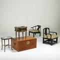 Furniture group five items 19th20th c pair of asian lacquered arm chairs camphor wood trunk blue willow tray table and rosewood wine cooler chest 17 x 34 12 x 24