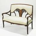 Art nouveau settee mahogany frame upholstered seat and back floral inlaid center medallion ca 1900 40 x 50 x 23