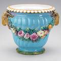 Majolica jardiniere applied rams head and floral banners 19th20th c 13 14 x 18