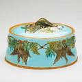 Majolica game dish decorated in relief with various game birds 19th c 6 12 x 7 x 9