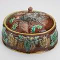 Majolica covered game dish base with repeated two pheasant motif lid with pheasants hanging from a tree 19th c unmarked 8 x 11 x 8