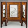 Chinese screen wood with inset porcelain plaques 19th c 31 x 37
