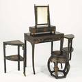 Black lacquer furniture dressing table shaving mirror pair of corner shelves and tabouret 19th c largest 30 x 28 x 17