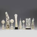 Asian ivory figures eight 20th c three puzzle ball statues two tusk carvings and three tall associated carvings tallest 11 34