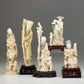 Asian carved ivory five items 20th c fisherman kissing ducks kwan yin and two wise men ducks signed tallest 8 14