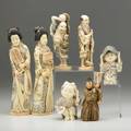 Asian carved ivory seven figures with polychrome decoration 20th c two geishas japanese warrior two children magician with dragon and farmer with pipe all signed tallest 8 12