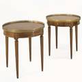 Pair of louis xvi style lamp tables walnut with brass gallery single drawer and pullout slides 20th c 29 12 x 27 dia