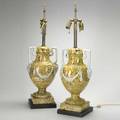 Pair of scroddle ware covered urns mounted as lamps english 19th c 32 12