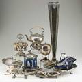 Antique silverplate twelve items 19th20th c jasperware biscuit jar egg epergne with gilt bowls egg coddler with burner floor vase with grapevine motif 2 sheffield fish servers telescoping