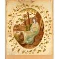 English embroidered silk needlework woman seated in a pastoral setting in period gilded frame 19th c sight 20 x 24