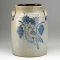 Cowden  wilcox stoneware jar 3gallon jar decorated with a bird on a branch surrounded by grapes harrisburg pa late 19th c 12 34 x 8 12