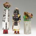 Hopi and acoma kachinas two hopi and one acoma all in cottonwood with polychrome decoration 20th c one hopi signed f shendo tallest 13
