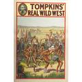 Tompkins real wild west posters four by the donaldson lithograph company with a native american powwow cowgirl on a bucking horse cowboy roundup and hanging ca 1914 all 20 x 30