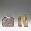 Lalique three perfume bottles 20th c two la parisien atomizers in frosted glass and epines in clear glass with wash all marked tallest 4 34