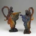 Daum two patedeverre mythologie pitchers in original boxes late 20th c both signed taller 13