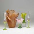 Daum five pieces of patedeverre in original boxes 20th c 2 rose decorated flutes rose vase jonquil vase and tulip vase all signed tallest 13