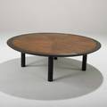 Baker circular coffee table usa 1950s walnut ebonized wood and brass unmarked 15 x 49 dia
