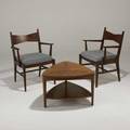 Paul mccobb lane pair of lounge chairs and occasional table usa 1960s walnut mahogany rosewood and ebony stenciled marks chair 33 12 x 24 x 21 table 18 x 27