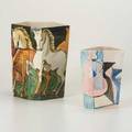 Italian cubist two painted ceramic vessels one with horses the other with still life italy c1950 both signed cms  italy largest 9 x 7 x 5 34