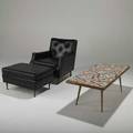 Italian modern lounge chair ottoman and coffee table 1960s vinyl brass glass mosaic tiles and walnut chair 31 12 x 29 x 34 coffee table 17 x 53 x 22