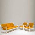 Italian threeseat sofa and pair of lounge chairs 1960s lacquered wood and upholstery unmarked sofa 32 x 75 x 32 each chair 32 x 28 x 32