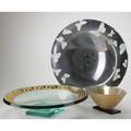 Stephen schlanser schlanser design studio three art glass vessels two thicklywalled chargers one with etched and frosted butterflies the other with gold greek key design frosted bowl with cased