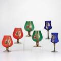 Coman design assembled set of 45 brandy snifters 35 red 7 green 3 blue bronze overlaid glass with mounted glass cabochons engraved coman 5 12 x 3 12