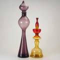 Blenko two glass decanters tangerine and plum acid etched signature taller 31