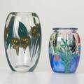 Stephen lundberg lundberg studios two paperweight glass vases one with butterflies the other with aquarium scene davenport ca 19941996 signed and dated largest 8 12 x 5 dia