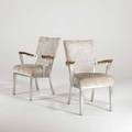 Shaw walker pair of armchairs us 1950s brushed aluminum mahogany and crushed velvet marked each 35 12 x 26 x 25