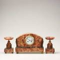 French art deco marble and onyx garniture set clock and two pedestals c 1930s unmarked clock 8 34 x 12 12 x 4 12