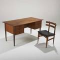 Danish modern desk and chair 1960s teak brass and vinyl unmarked 29 x 57 x 28 12 chair 30 x 19 x 17