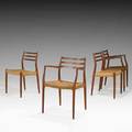 Niels o moller set of four dining chairs two arm two side denmark 1960s woven cord teak branded armchair 32 x 22 x 21 side chair 32 x 19 14 x 19