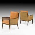 Kipp stewart directional pair of lounge chairs usa 1960s walnut cane velvet unmarked 34 x 24 x 27