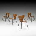 Arne jacobsen fritz hansen set of six sevener chairs no 3107 and 3207 two arm four side denmark 1950s teak enameled metal plastic rubber zincplated metal stamped and impressed signatur