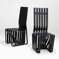 Frank gehry knoll pair of high sticking chairs usa 1993 ebonized and laminated maple branded with designers signature date and manufacturers mark 43 x 20 x 22
