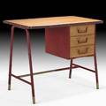 Jacques adnet desk france 1940s stitched leather brass oak unmarked 29 34 x 36 x 22