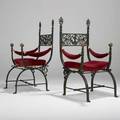 Oscar bach pair of armchairs new york 1920s wrought iron bronze velvet unmarked 47 x 24 12 x 27