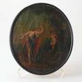 Oil on canvas neoclassical scene of woman chastising cupid oval frame 19th century unsigned 14 x 12 12