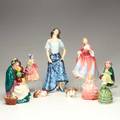 Royal doulton nine figures late 20th c carmen cissie the balloon seller nicola rose sairy gamp belle and two cats at play all marked tallest 11 12