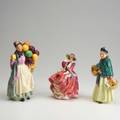 Royal doulton three figures 20th c the orange lady top o the hill biddy penny farthing  all marked tallest 9 14