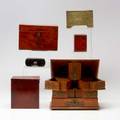 Box group six pieces19th20th c walnut tea caddy silver mounted snuff mahogany cigarette case etc tallest 6 14