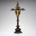 Ivory crucifix on stand european 19th20th c carved ivory german silver and ebonized wood unmarked overall 24 x 11 x 3 12
