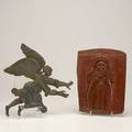Folk art religious items two pieces 18th19th c pewter angel and a carved wooden plaque of mary taller 12 12