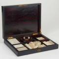 Victorian game box mahogany with boulle work containing rectangular and round flat motherofpearl pieces 2 14 x 11 34 x 9