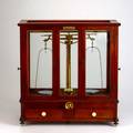 Oertling laboratory scale london 19th  20th c mahogany and brass manufacturers tag 18 12 x 18 x 9