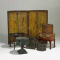 Decorative furnishings seven items 19th20th c four section asian screen oval lacquer tray table cast iron planter painted box on stand tole hat box and two containers screen 49 x 72 tota